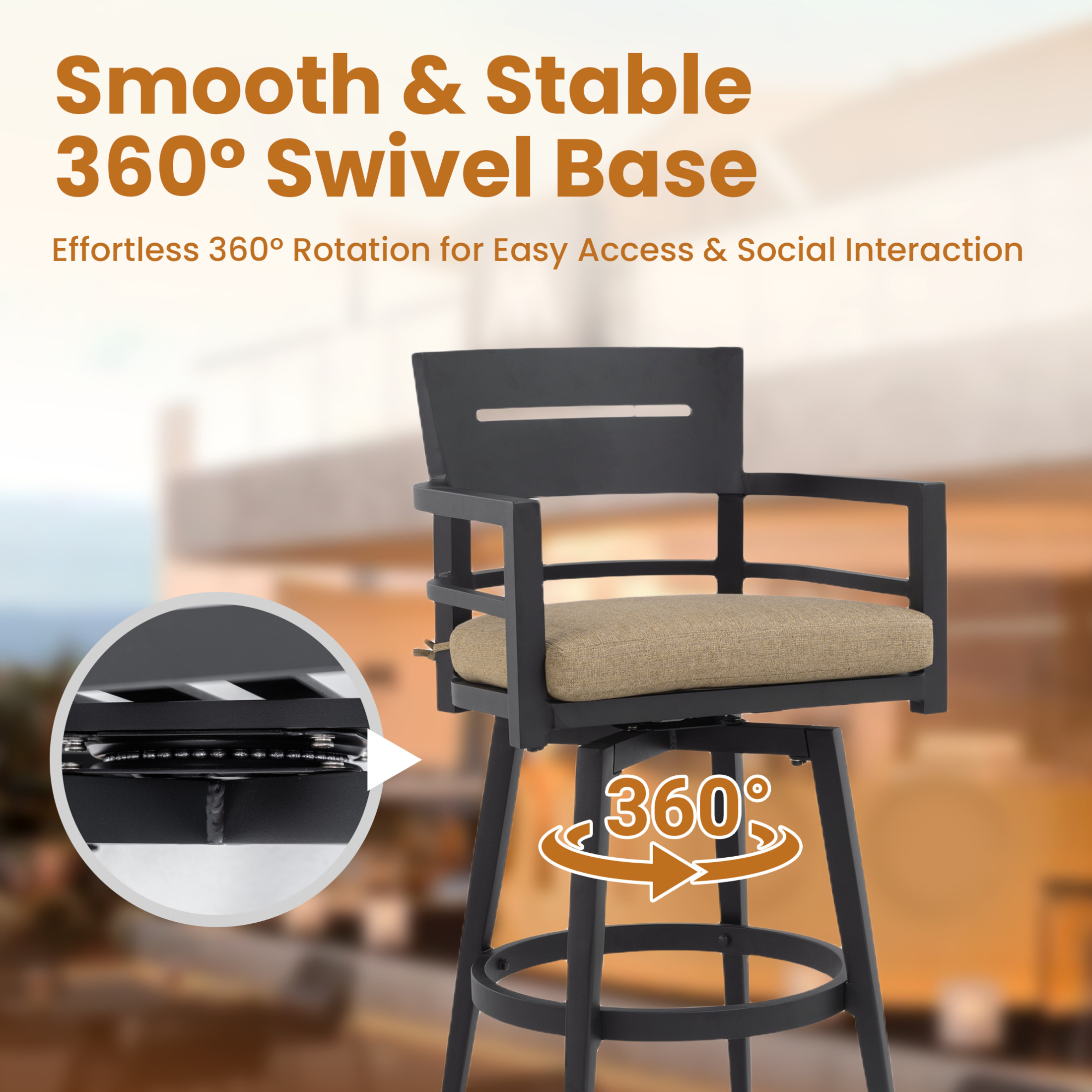 Noble House Aluminum 360° Swivel Bar Chairs, Ergonomic Backrest, Sunbrella Linen Sesame, Ember Black, Set of 2
