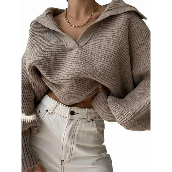 Women Long Sleeve Sweaters Oversized Stretch Fitted Pullover Sweater Ribbed Solid Color Knit Jumper Tops Khaki XL