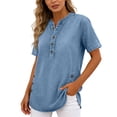 thumbnail image 5 of Fnooota Womens Denim Shirts, Casual Summer Short Sleeve V Neck Jean Tops for Women Light Blue Size M, 5 of 6