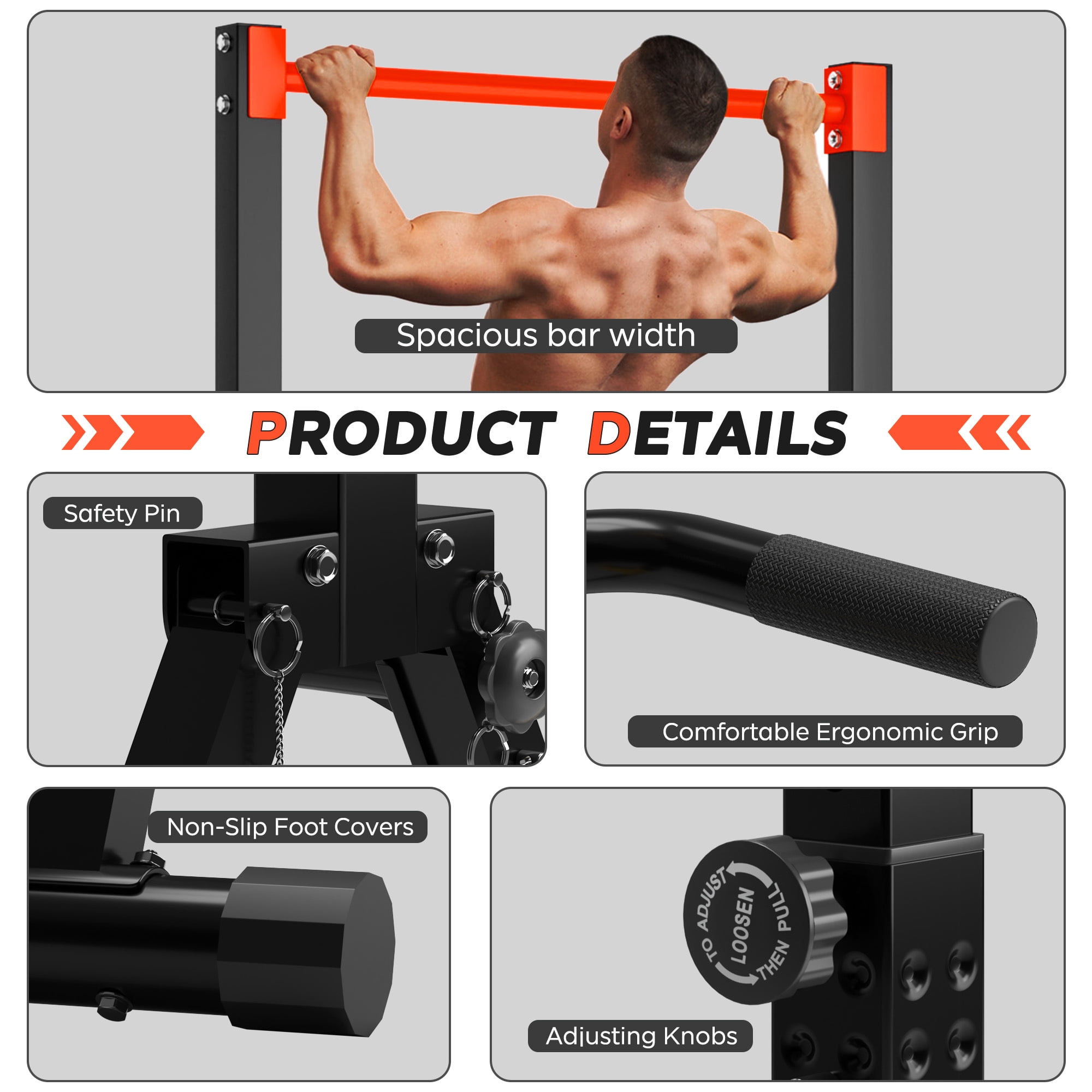 Multifunction Foldable Triangular Structure Pull Up Station , Free Standing Power Tower Pull Up Bar Dip Station Adjustable Height Strength Training Workout Equipment, Support 500lbs, Black + Red