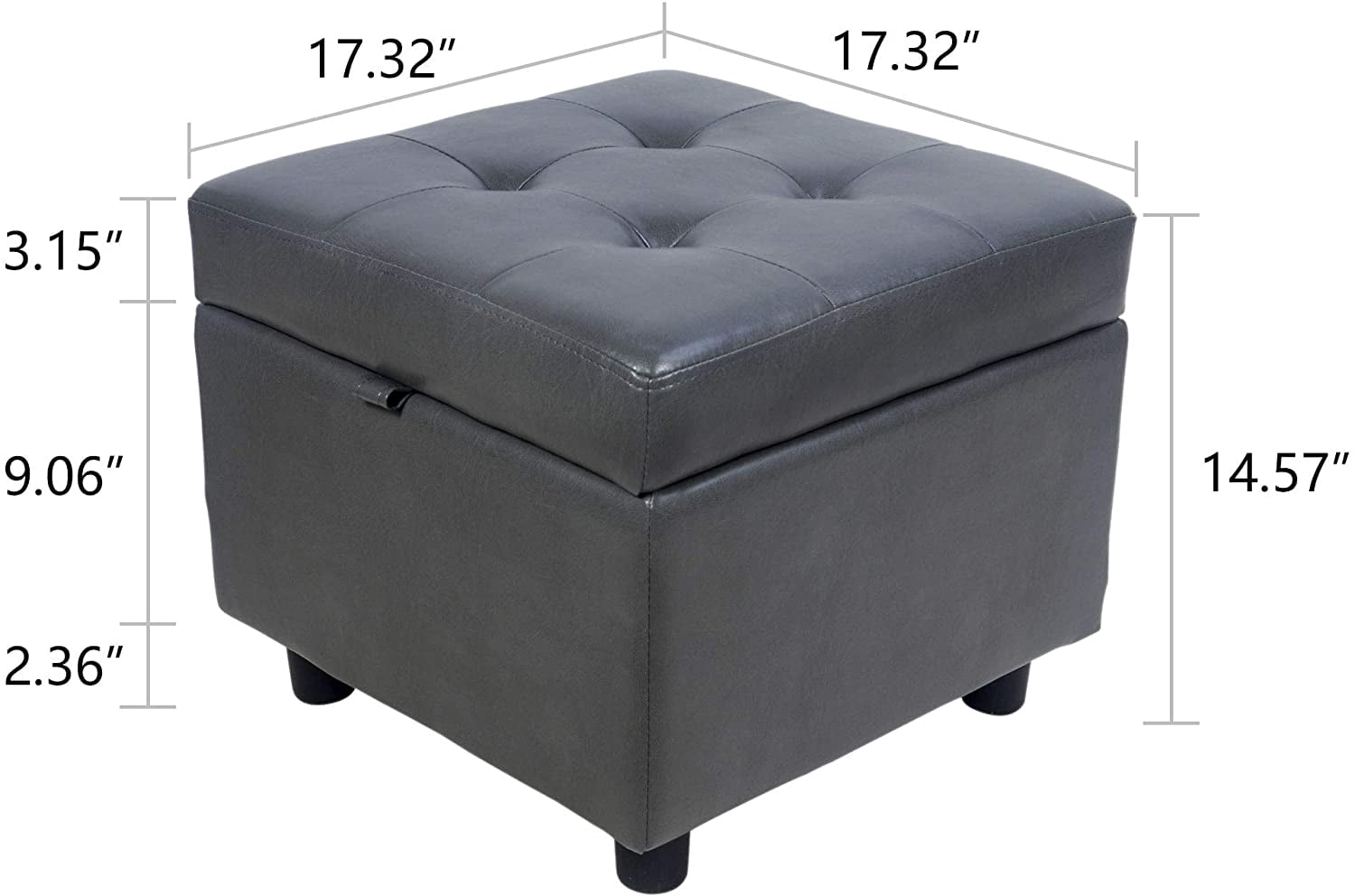 Tufted Leather Square Ottoman with Storage and Hinged Lid, Foot Rest Cube Footstool,Dark Grey ST-SOPUGY7