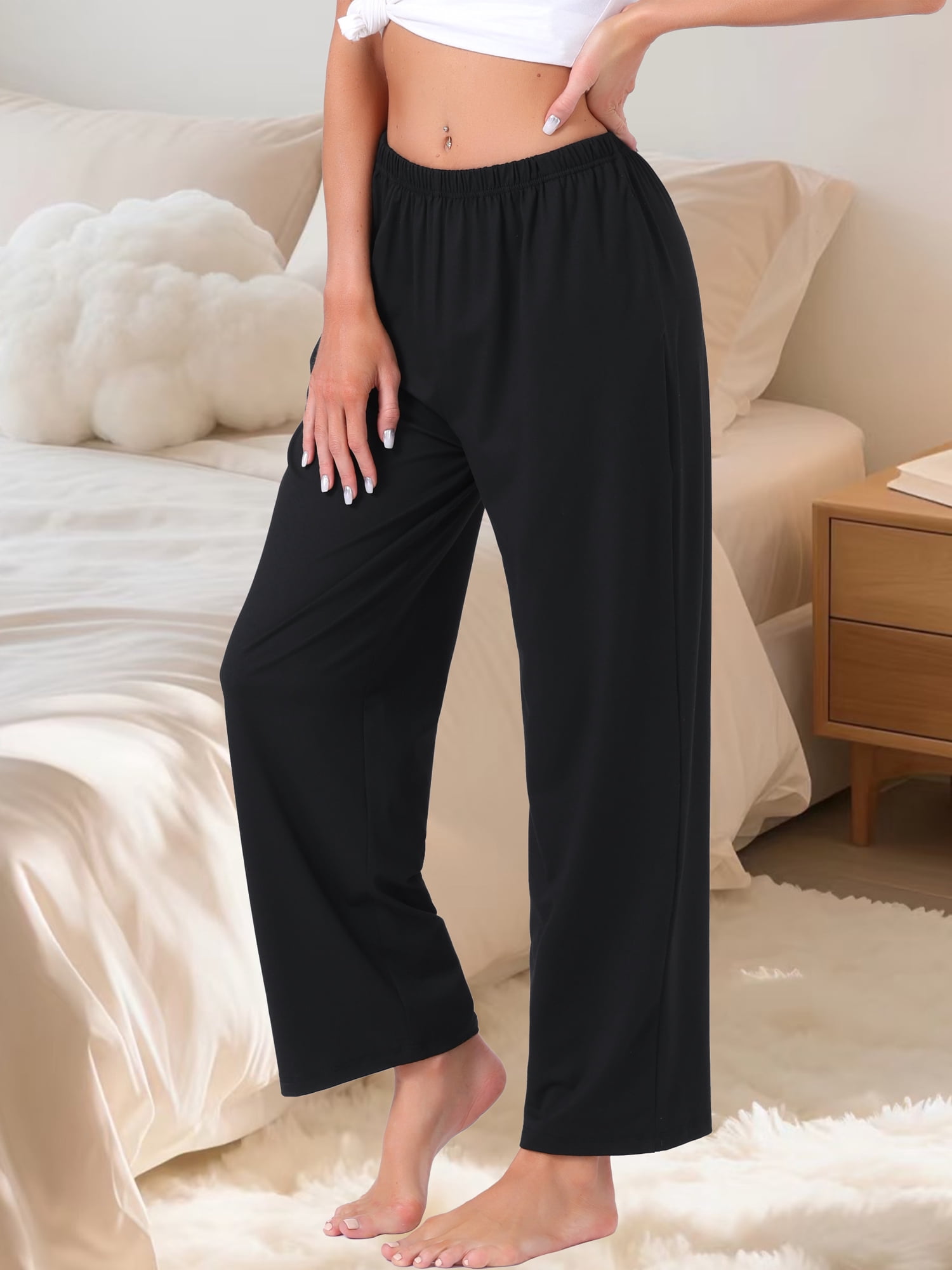 DARING DIVA Women's Wide Leg Knit Sweatpants with Elastic Waist L Black
