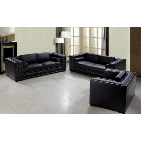 Divani Casa Dublin Modern Tufted Black Leather Sofa Set 3pcs