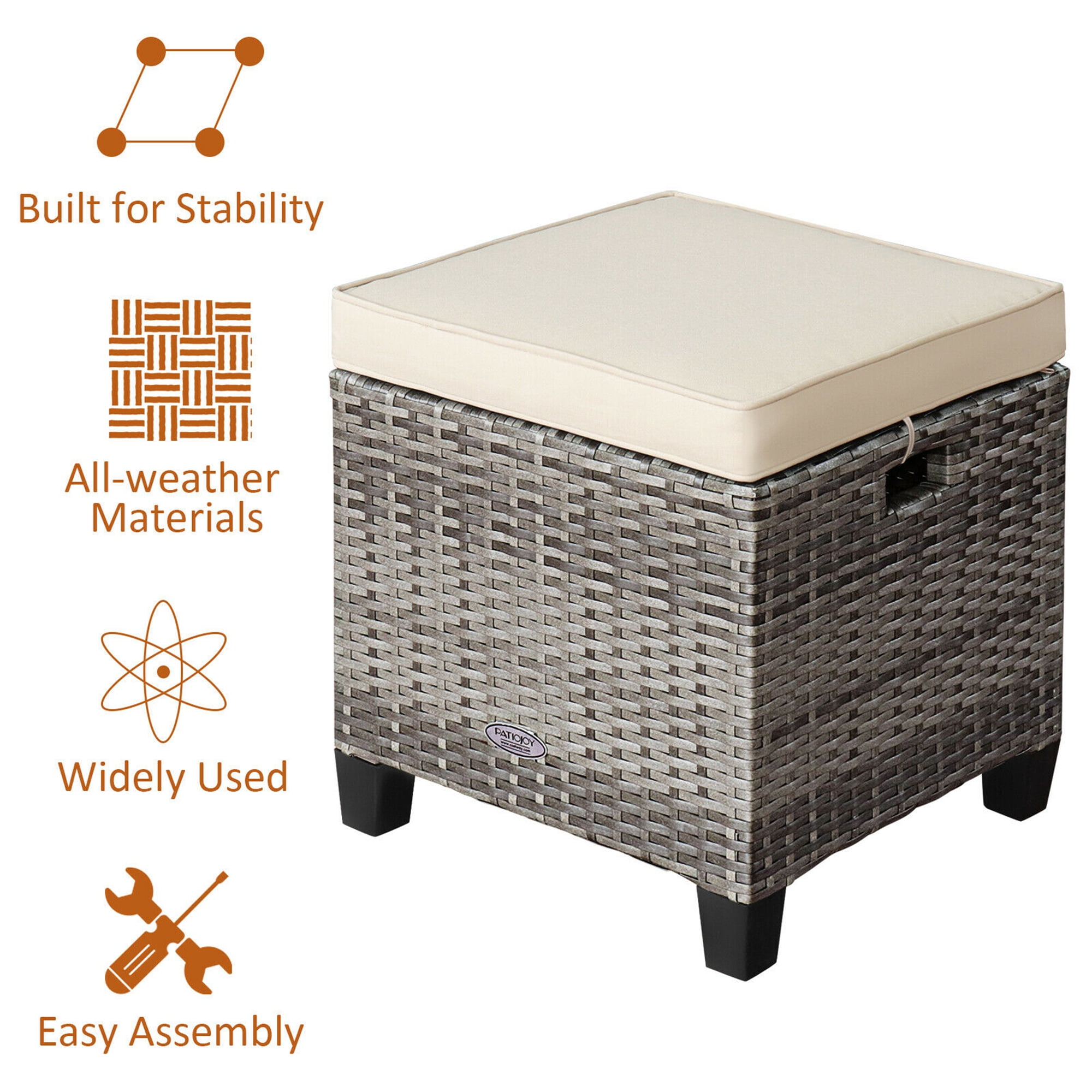 Gymax Set of 2 Rattan Patio Ottoman Footrest Wicker Footstool with Beige Cushions
