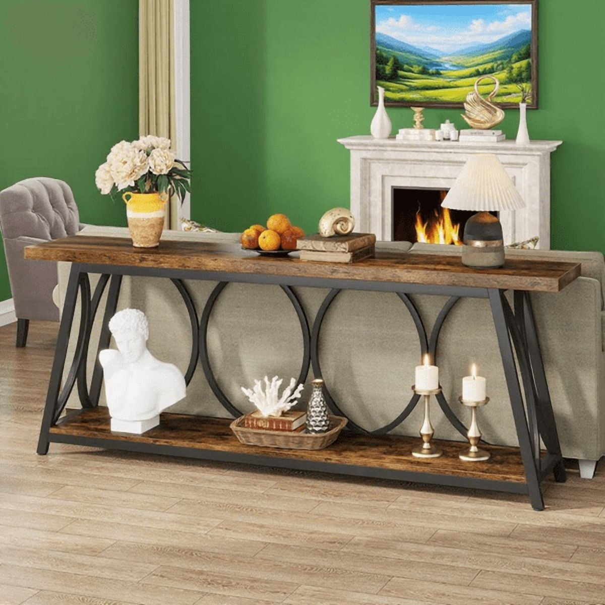 70.9" Vintage Rustic Console Table - Wood & Black Metal, 1.57" Particle Board with Bottom Shelf, 230lb Capacity for Living Room, Entryway, Behind Couch, Hallway