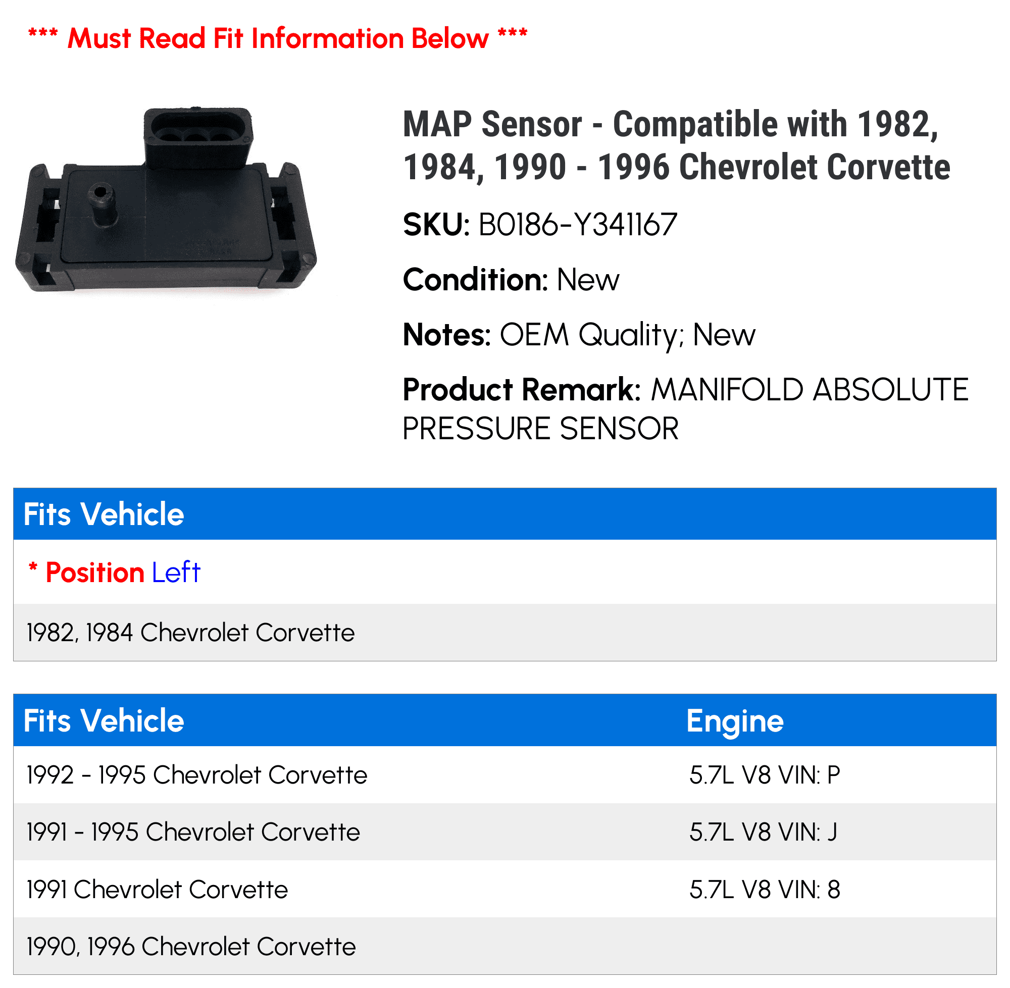 MAP Sensor - Compatible with 1982, 1984, 1990 - 1996 Chevy Corvette 1991 1992 1993 1994 1995