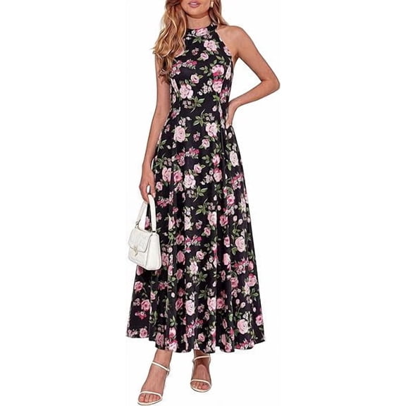 PRETTYGARDEN Summer Halter Dresses for Women Vacation Outfits Sleeveless Polka Dot Sundress Wedding Guest Maxi Dress