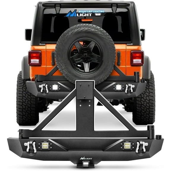 Nilight JK-53A Rear Bumper & Spare Tire Rack & Hitch Receiver w/2 LED Lights Compatible for 2007-2018 Jeep Wrangler JK & Unlimited