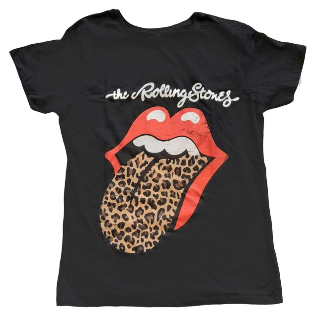 The Rolling Stones - Camiseta Lengua de Estampado de Leopardo de Algodón para Mujer (Negro)