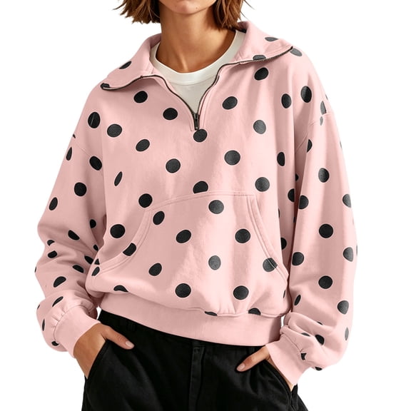 Cmfcve Women's Plus Size Fleece Sweatshirt Stand Collar Polka Dot Long Sleeve Oversized Warm Pullover Tops with Pocket