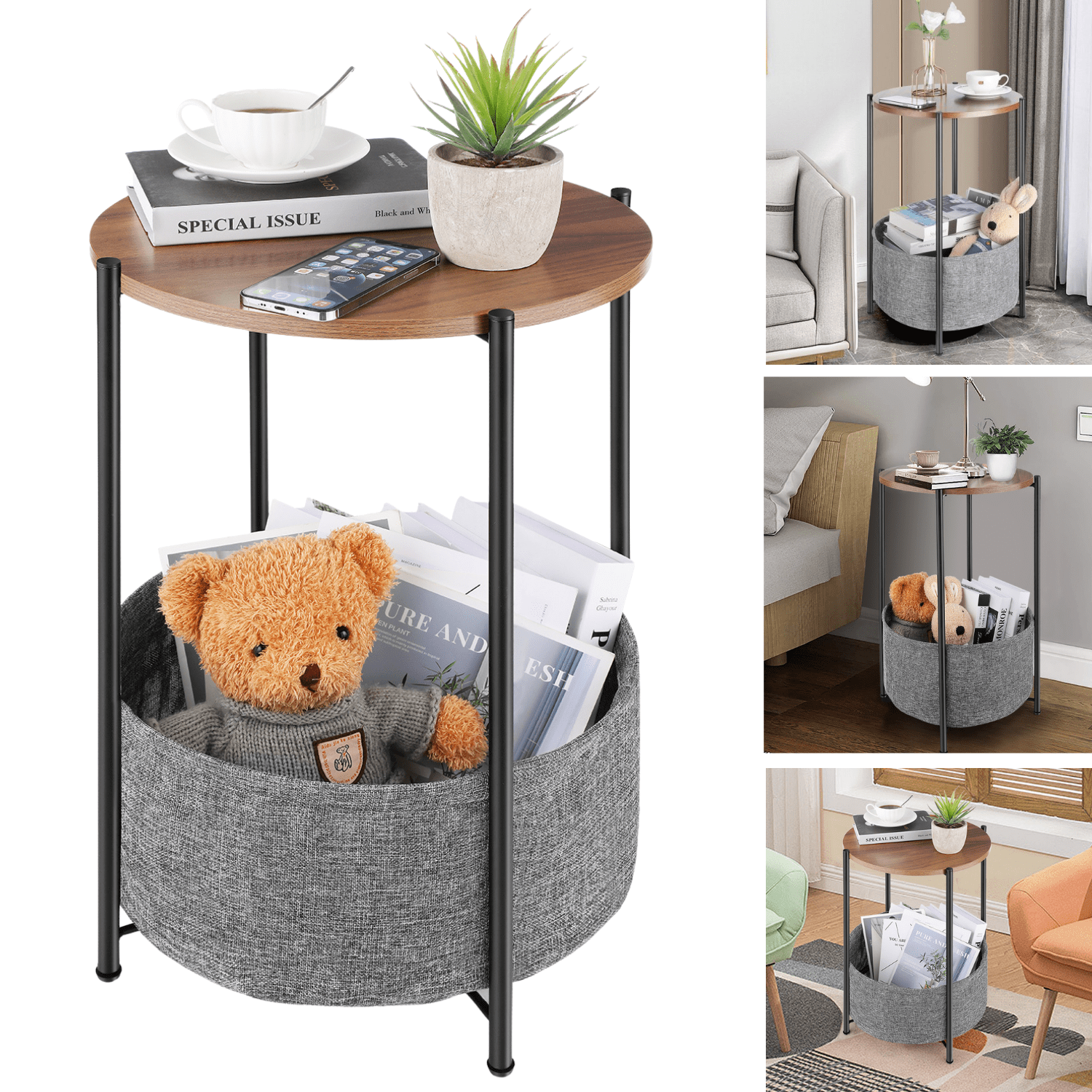 Funcid End Table, 24.5" Round Side Table for Living Room, Bedside Nightstand with Fabric Storage Basket, Wooden Accent Table with Metal Frame, Small Coffee Table
