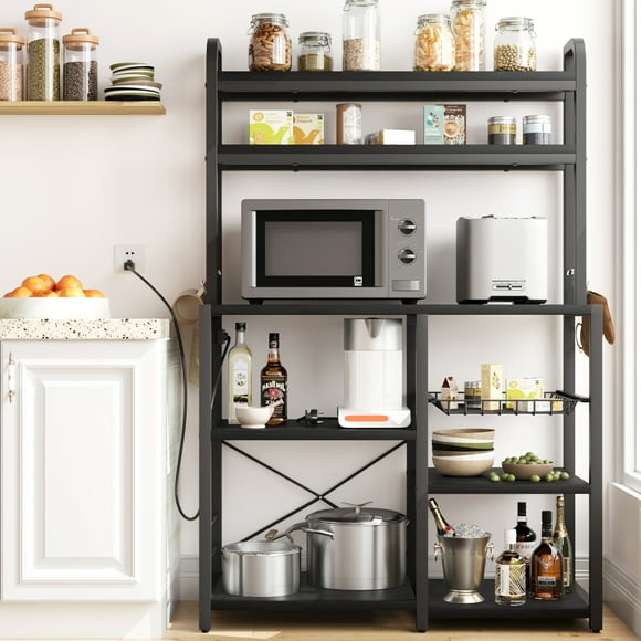 Bingirl Bakers Rack with Power Outlet, Coffee Bar with Wire Drawer, Industrial Microwave Stand 6-Tier Kitchen Storage Rack with Hutch