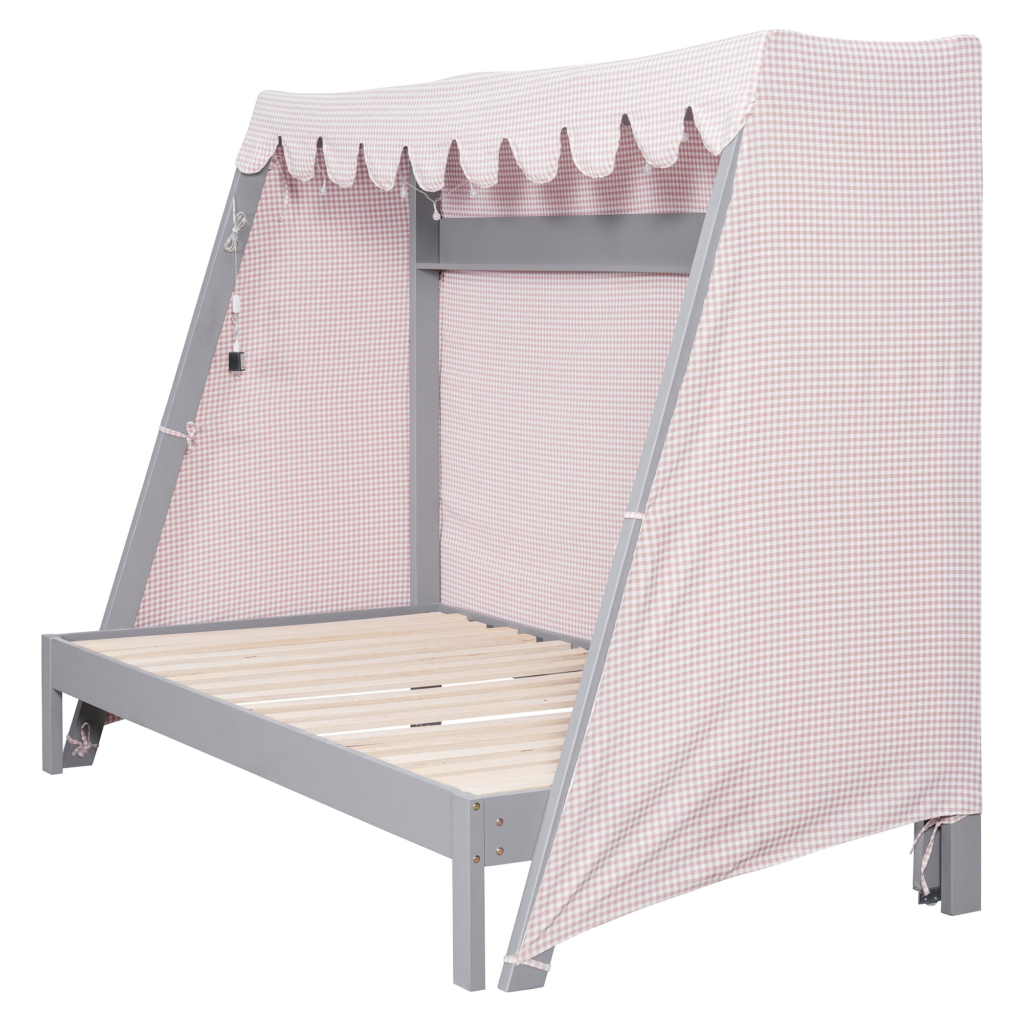 Mintazer Twin XL Platform Bed with LED Light, Trundle, Storage Shelf & Tent for Kids, Gray
