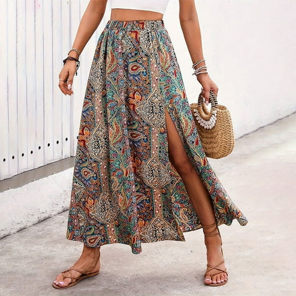 Womens High Waist Smocked Bohemian Long Skirt Elegant Chic Skirt Ethnic Style Personalized Printed Slit A-Line Skirt Size S