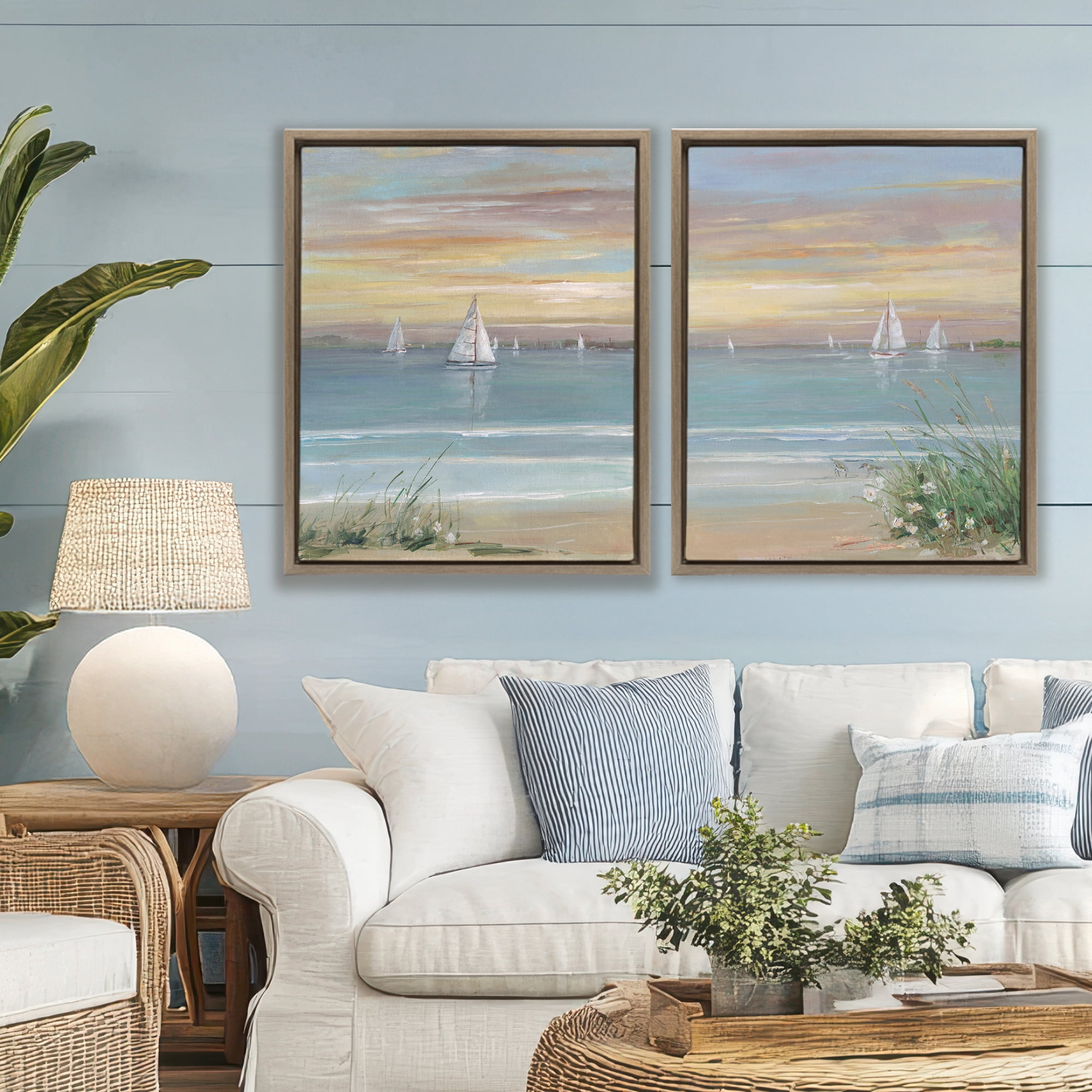 Stupell Industries Summer Shore Panorama 2 Piece Brown Framed Floater Canvas Set, design by Sally Swatland