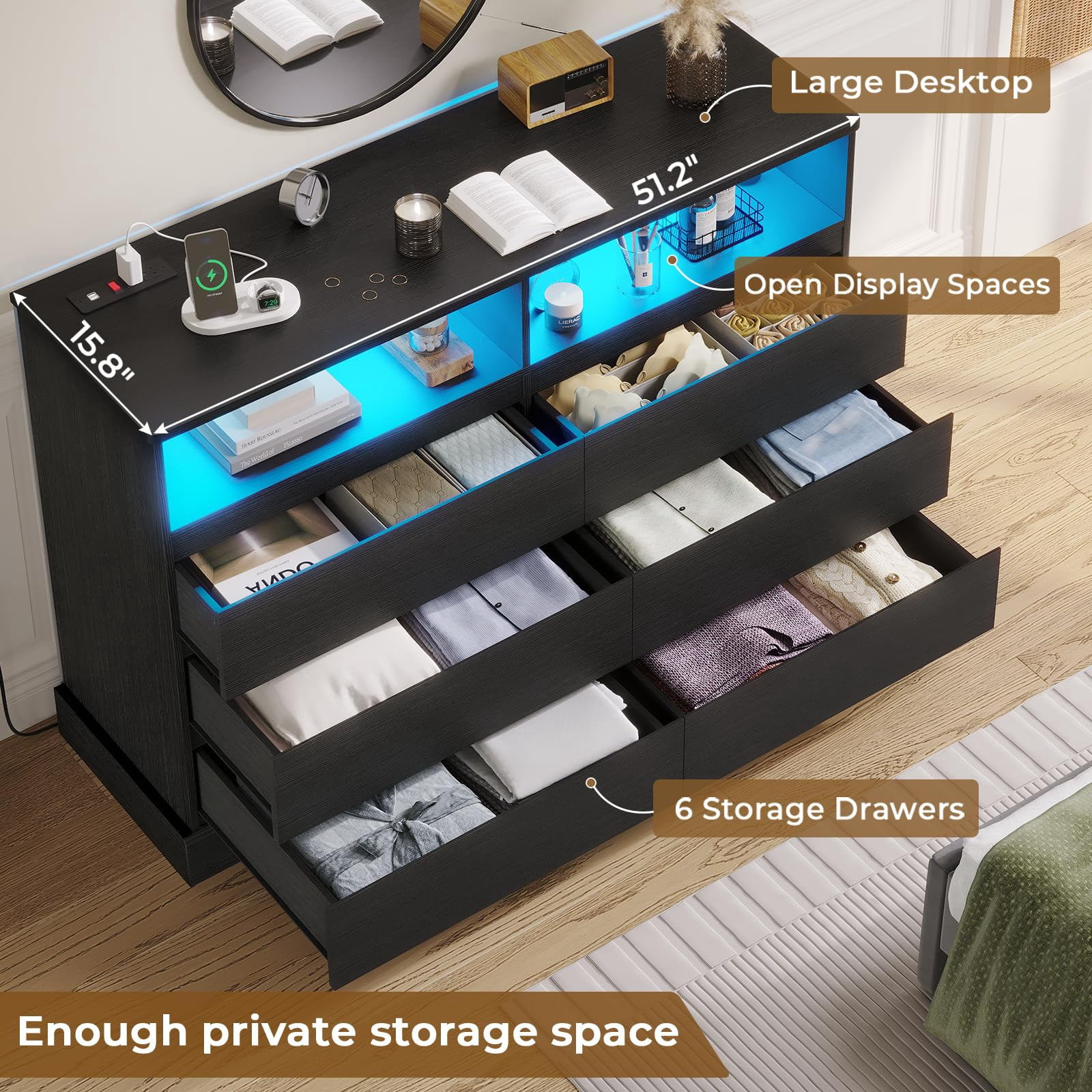 6 Drawer Dresser for Bedroom with LED Lights and Charging Station, Large Chest of Drawers for Bedroom Living Room, Black