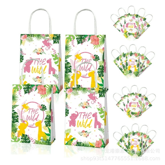 20Pcs Pink Jungle Animals Birthday Party Gift Bags, The Wild Hawaiian Leaves and Flowers Goodie Bags Party Gifts Kraft Paper Handbag