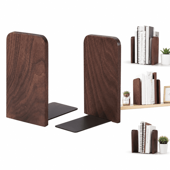 Decorative Bookends, Vintage Wooden Book Holder, Non-Slip Heavy Duty Book Ends for Shelves, 1 Pair Walnut Bookends for Books and Movies Organization