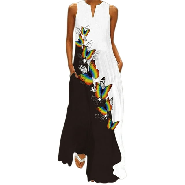 Bellella Robe Longue Maxi pour Femmes, Robe Débardeur à Col en V, Imprimé Floral, Robe d'Été de Plage, Ample, Sans Manches, Style Fête, Publicité 5TG