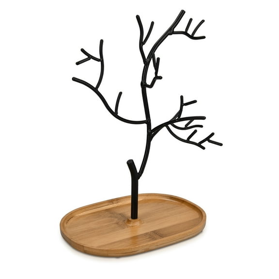 Navaris Metal Jewelry Tree Stand - Organizer Hanger Display Holder with Bamboo Dish Base to Store Necklaces, Bracelets, Rings, Accessories