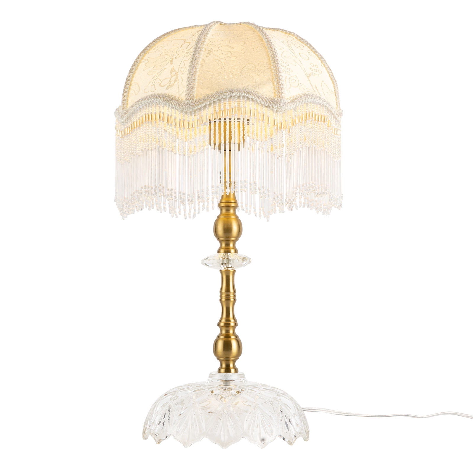 Victorian Style Tassel Table Lamp Bedroom Retro Bedside Lamp with Dome Shade and Beaded Fringe Trim, Living Room Golden Bedside Light Home Office