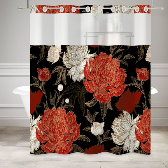 MIZHONA Black Shower Curtain with Snap in Liner,Vintage Orange Flower Fabric Bathroom Curtain,71"× 74"