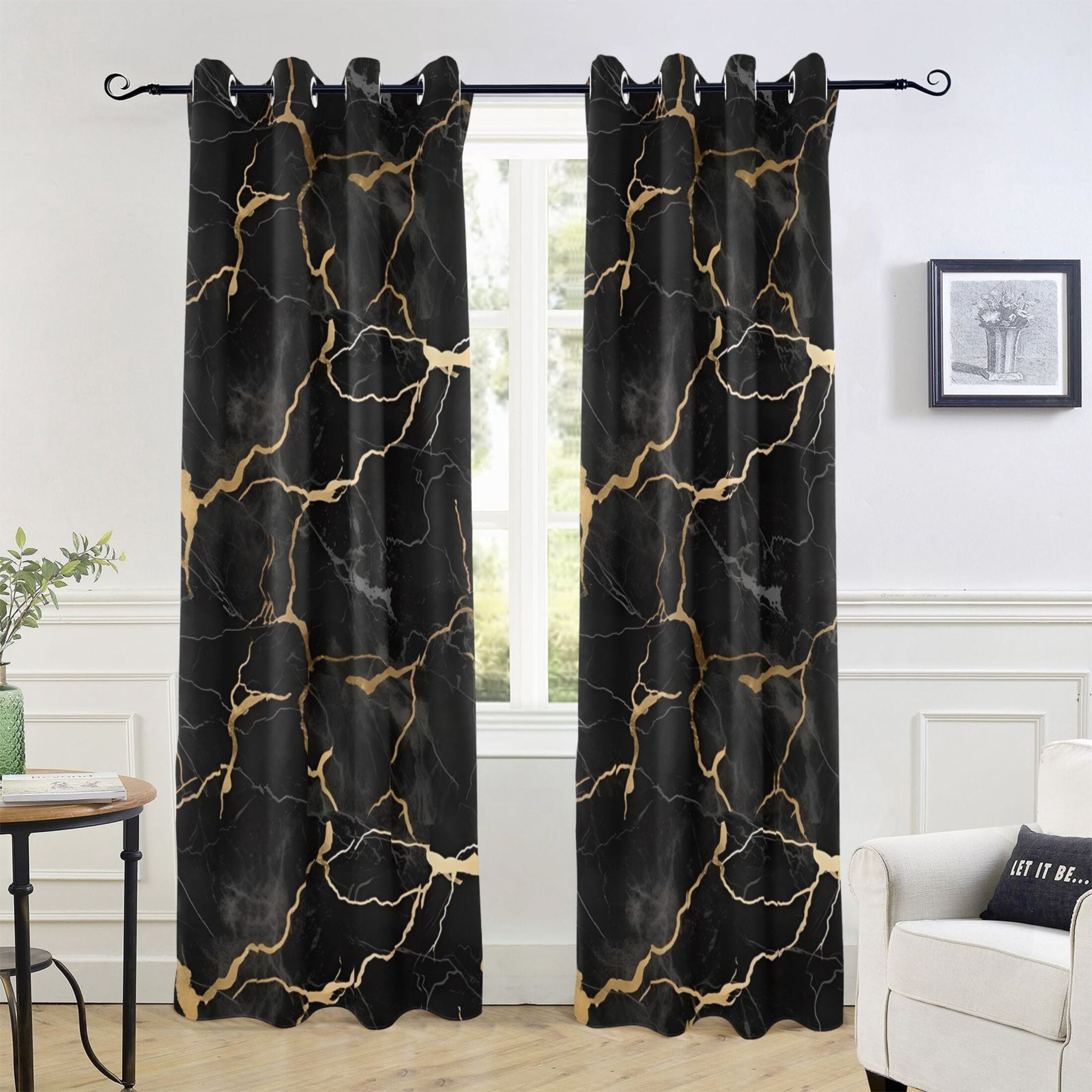 Black and Gold Marble Blackout Curtains W82 x L52 1 Panel Window Curtain for Bedroom Living Room