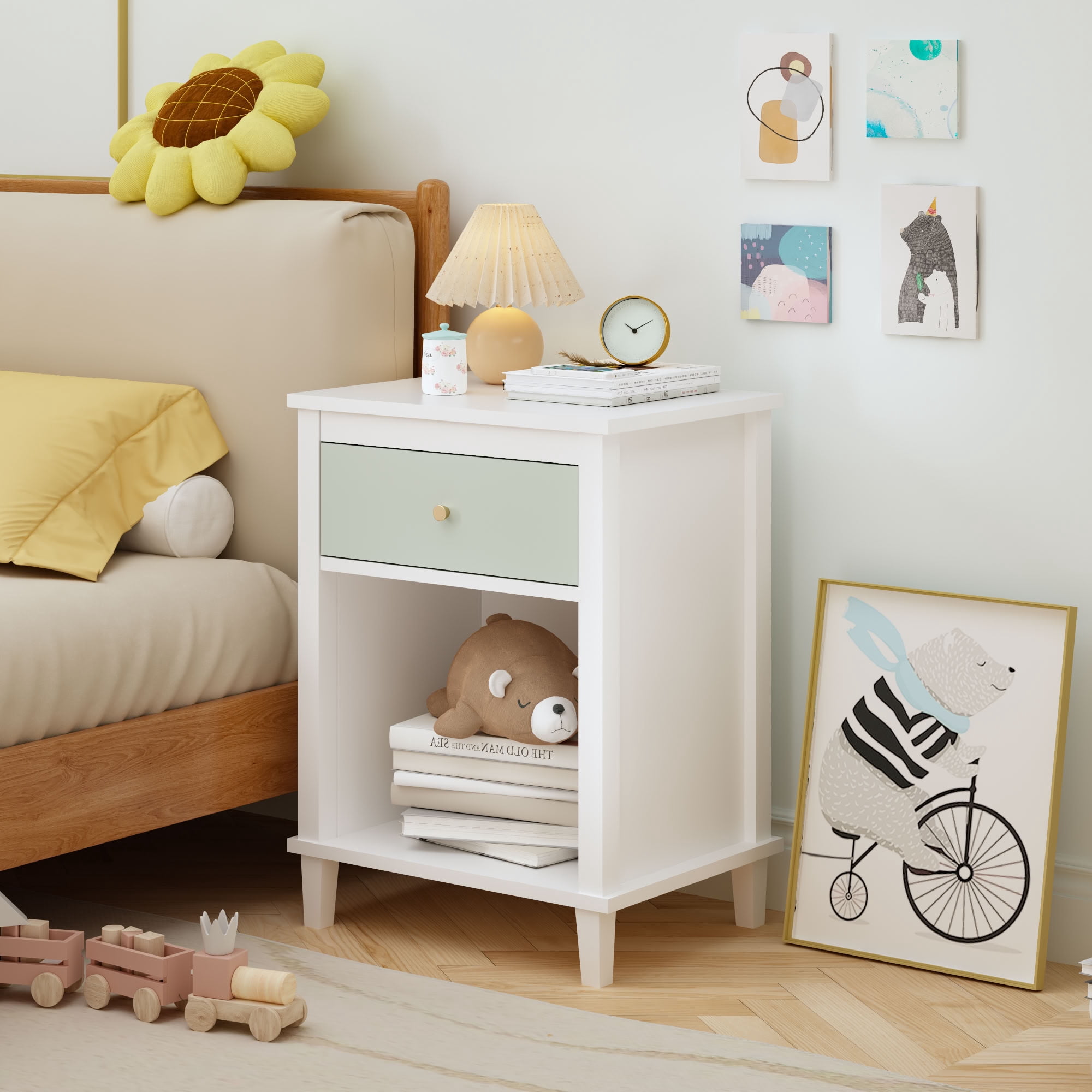 MAYEERTY 26.77" H Nightstand with Drawer & Open Shelf, Wooden Bedside End Side Table, for Kids Adults Bedroom Living Room Small Apartment Dorm