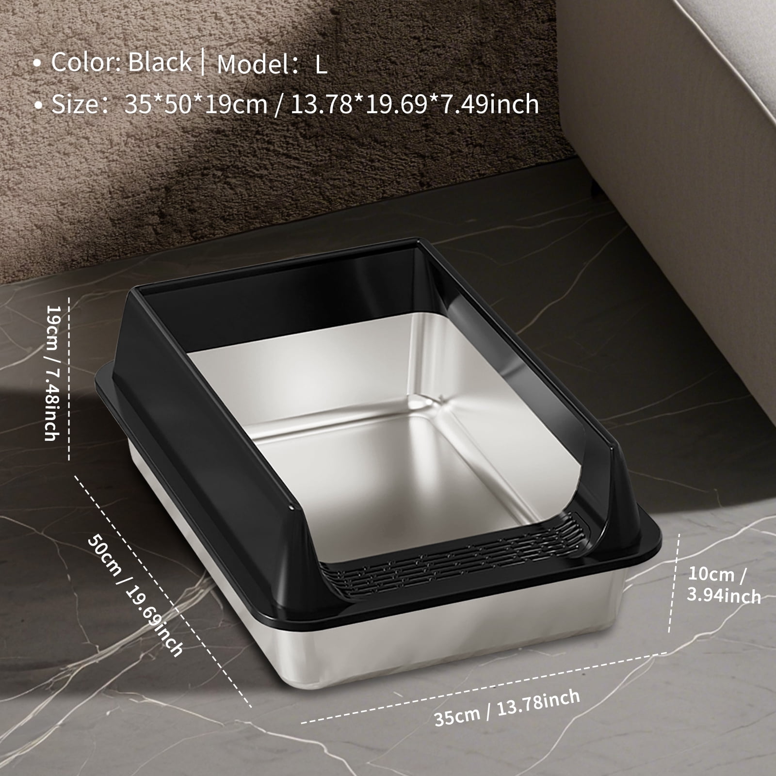 Stainless Steel Litter Box, Semi Enclosed High Side Cat Litter Box, Top Entry Litter Boxs for Senior Cats, Leak-Proof, Non-Sticky, Ideal for Indoor Cats Kitten, Black/L