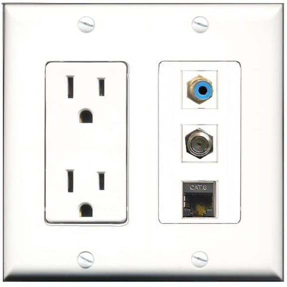 RiteAV - 15 Amp Power Outlet 1 Port RCA Blue 1 Port Coax 1 Port Shielded Cat6 Ethernet Ethernet Decorative Wall Plate