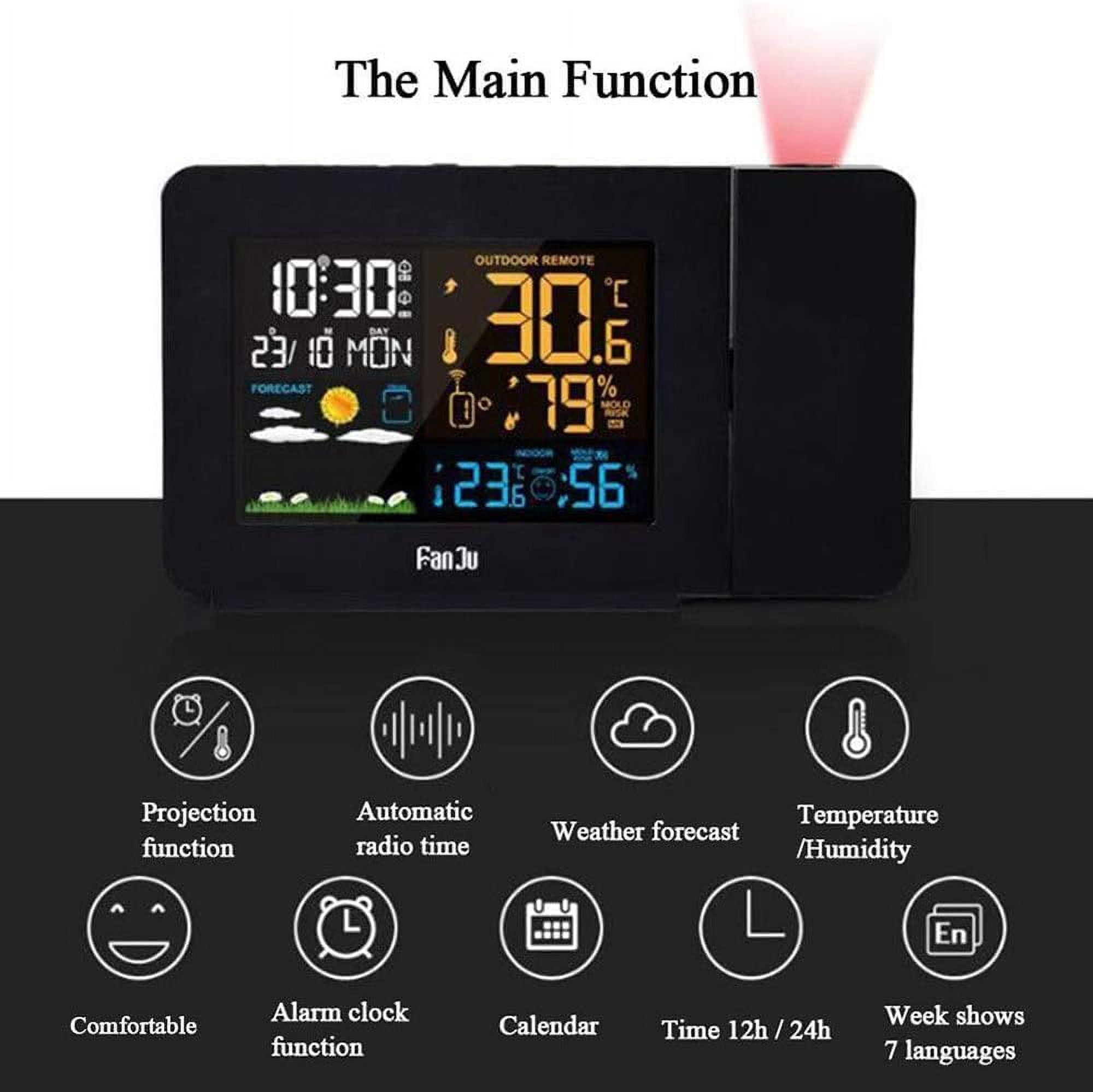 Projection Alarm Clock with Weather Station, Atomic Digital Alarm Clock with Projection on Ceiling,Indoor Outdoor Temperature Humidity Monitor Gauge,for Home Bedroom