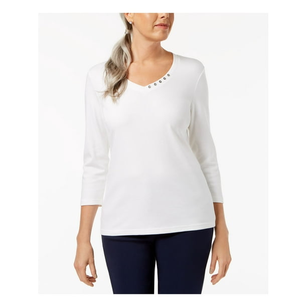 KAREN SCOTT Womens White Embellished 3/4 Sleeve V Neck Top XL 