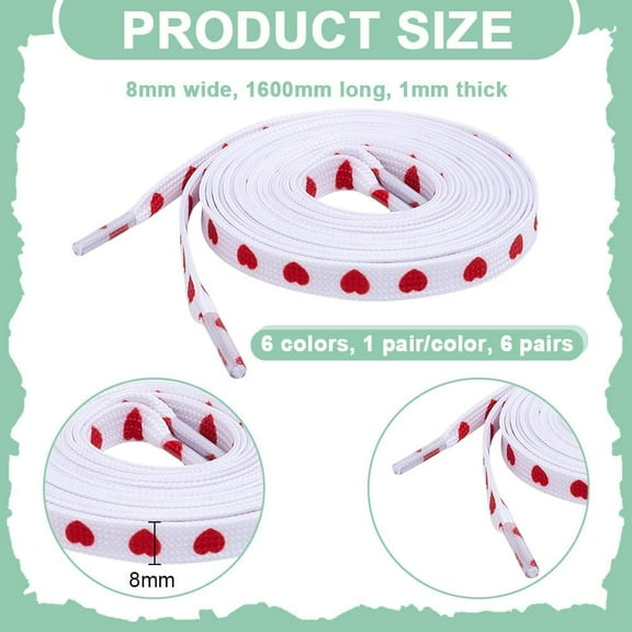 6 Pairs 6 Colors Flat Shoelace Heart Printed Shoelaces Polyester Cord Shoelace Replacement Laces Stretch Shoelaces for Sneakers and Running Shoes