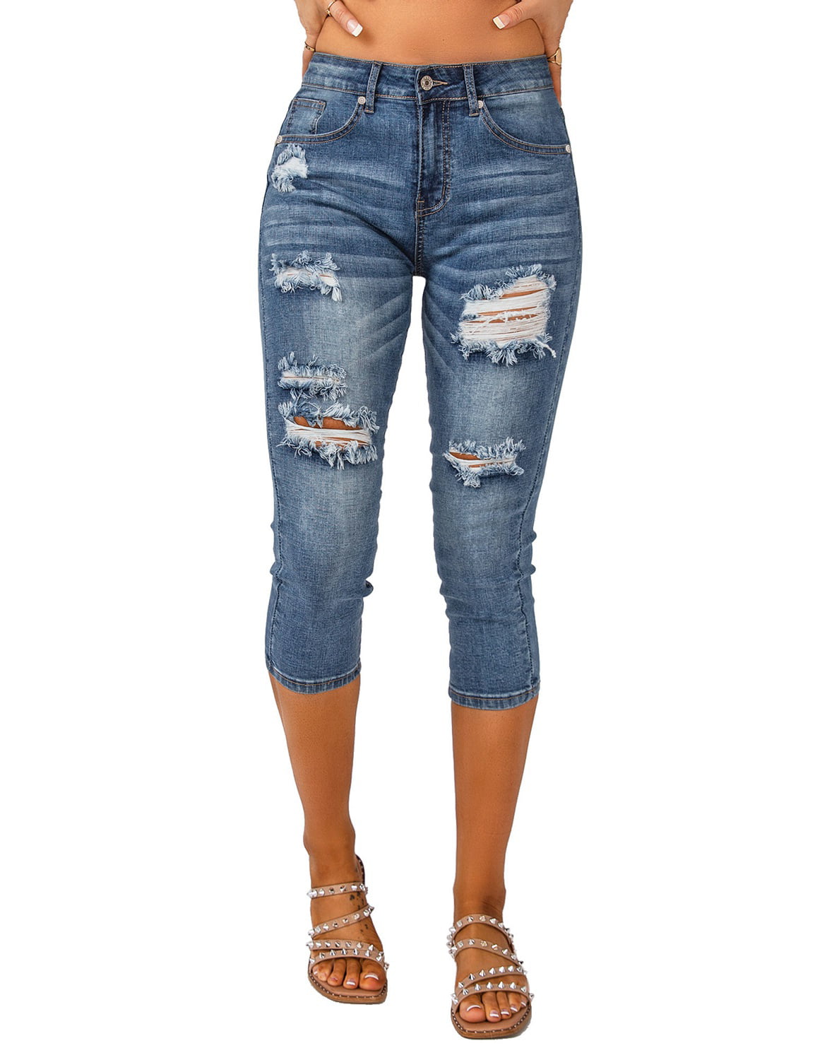 Vetinee Women's Stretch Soft High Waisted Capri Pants Ripped Denim Capri  Jeans Sizes S-2XL 