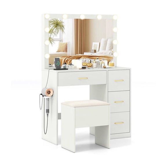 Resenkos Vanity Desk - Lighted Mirror, Makeup Dressing Table, Built-In Power Outlets - White