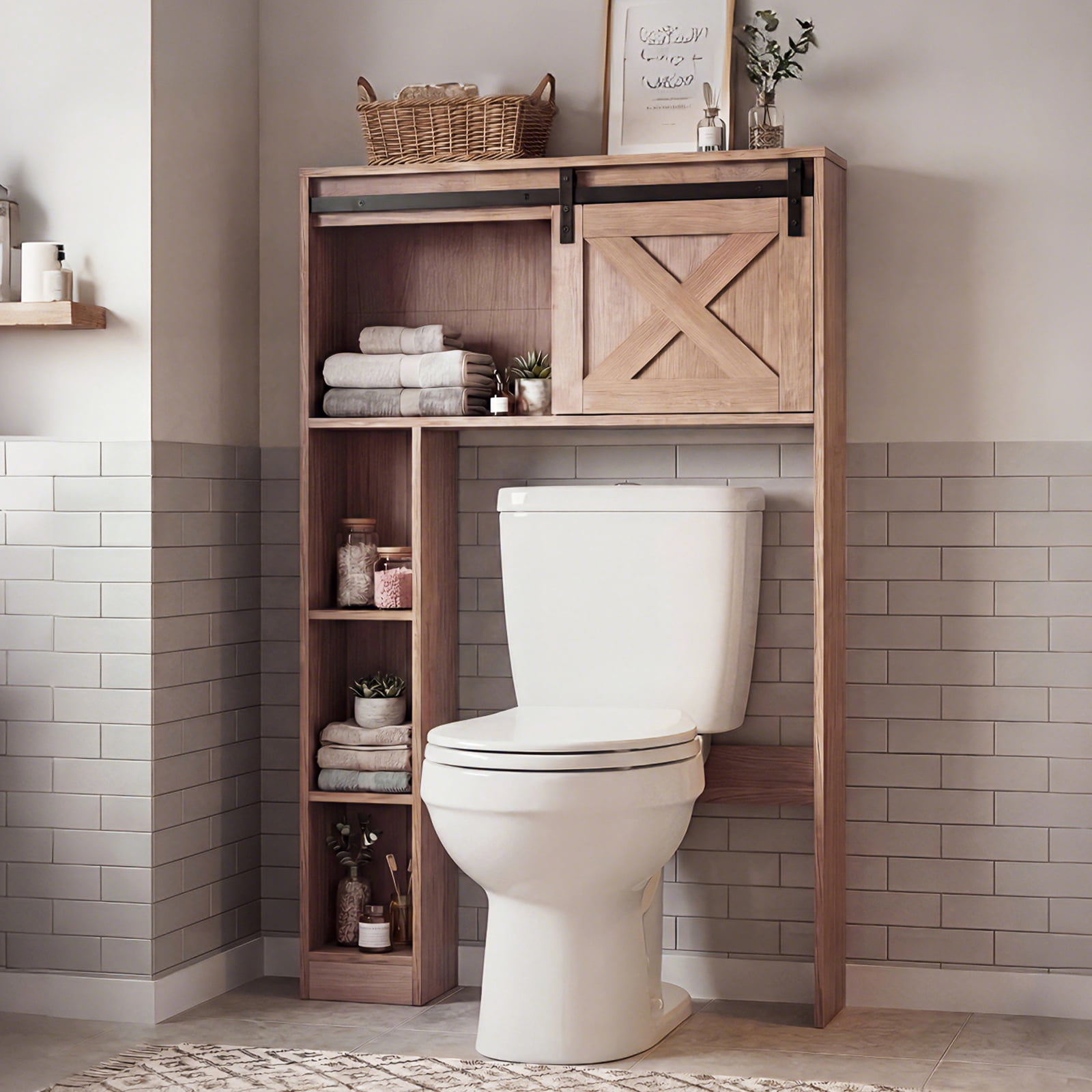 Costway Over the Toilet Bathroom Storage Cabinet with Sliding Barn Door Rustic Brown