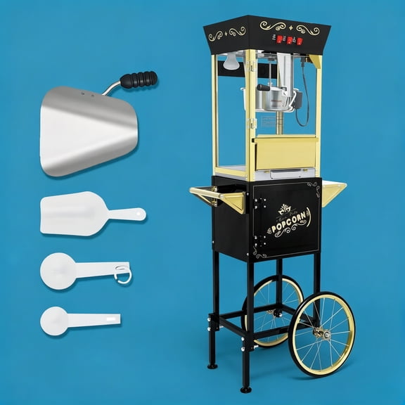 12oz Vintage Popcorn Machine Cart with Wheels – Retro Movie Theater Style Popcorn Maker with Stainless Steel Kettle, Perfect for Parties, Events & Home Use (Black & Gold)