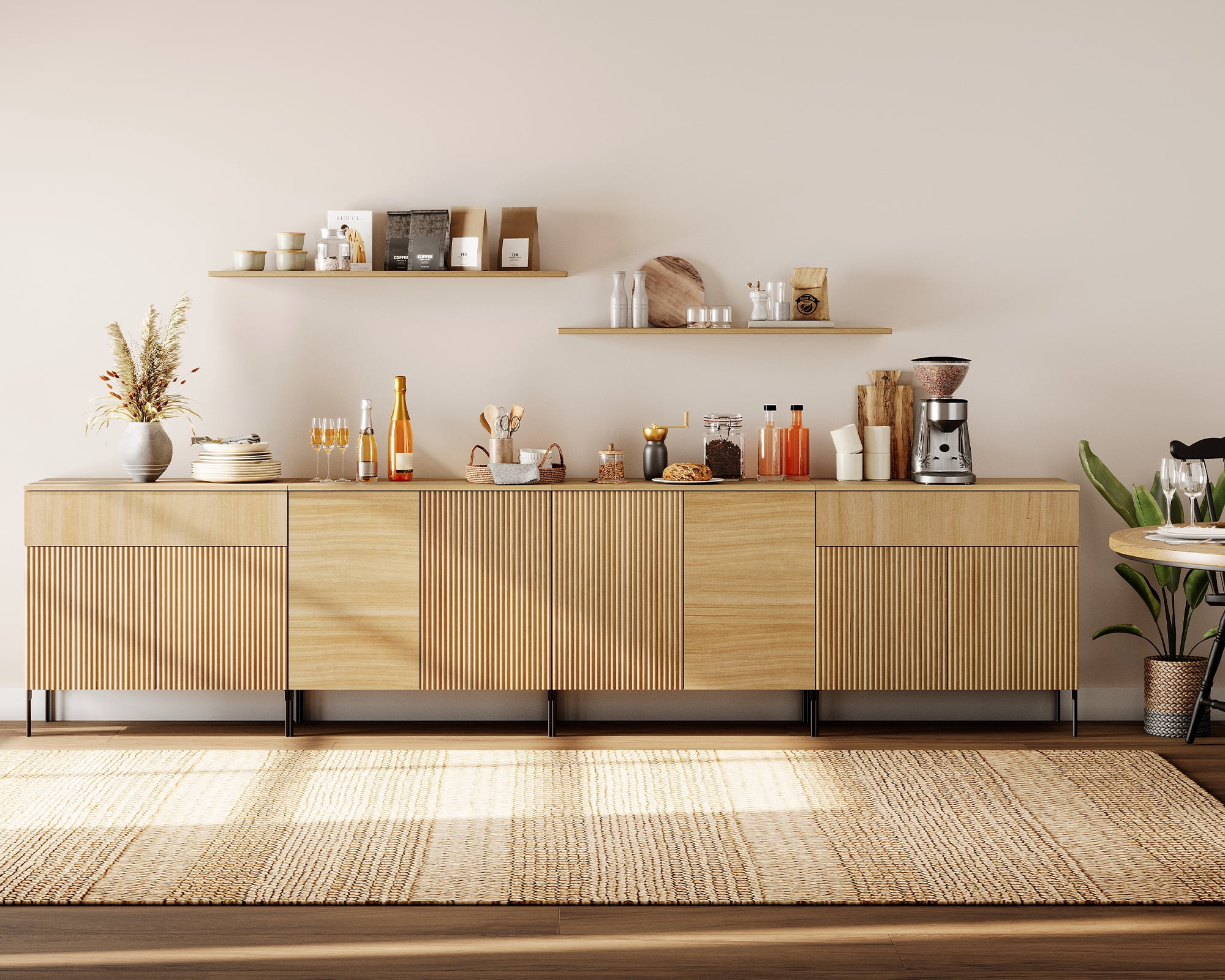 126" Modern Reeded 8-Door Sideboard with Drawers, 4-In-1 Wooden Credenza Storage Cabinet for Kitchen, Dining Room