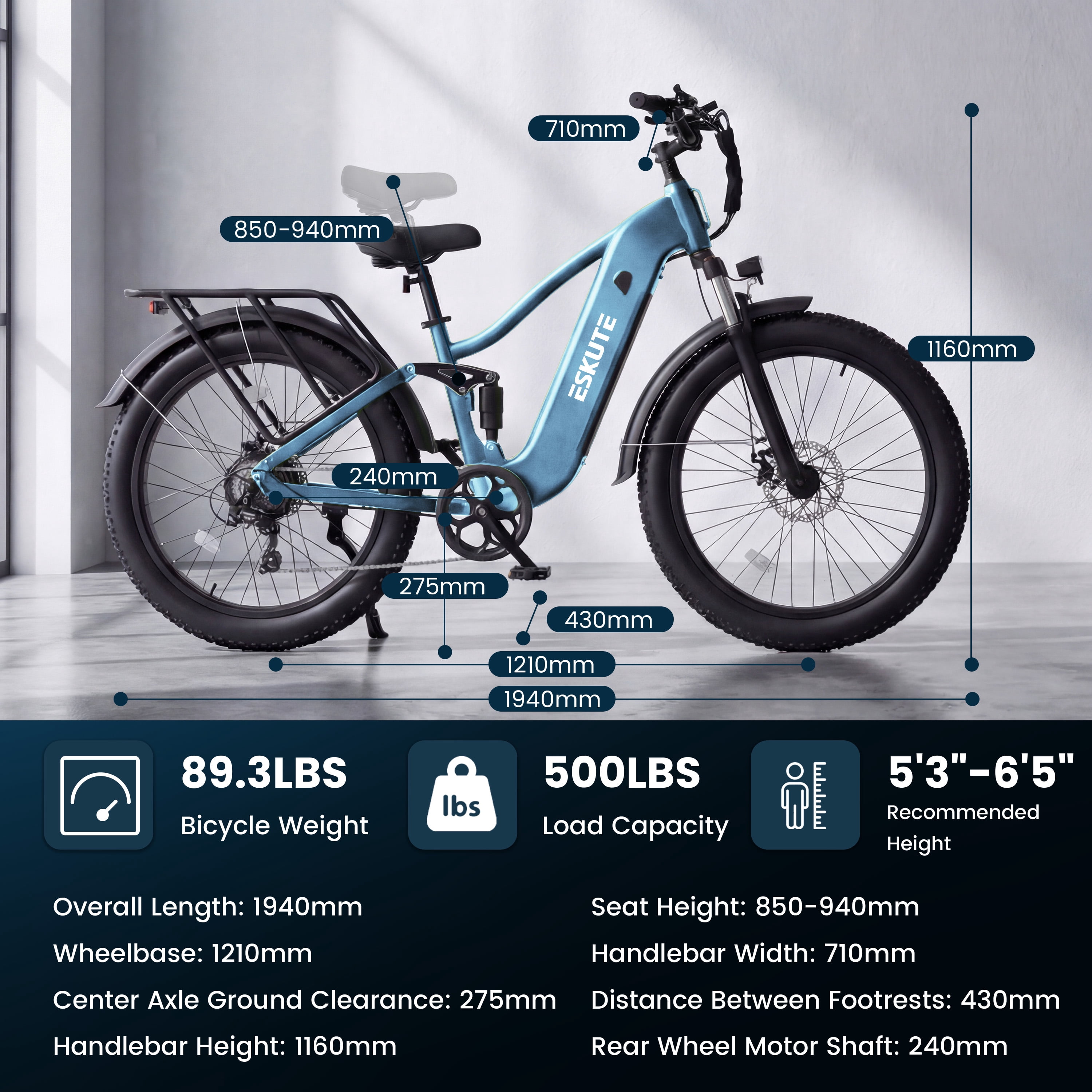ESKUTE C300 Electric Bike for Adults, 1500W Peak Motor, 32MPH Fast Ebike, 48V 20.8Ah Battery Up to 80 Miles, 26"x4.0" Fat Tire, Full Suspension, 8-Speed Blue, With Bag & Lock & Front Basket, UL2849