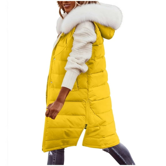 Women’s Long Winter Puffer Coat Stand Collar Teddy Fleece Lined Thick Down Jacket Windproof Quilted Loose Fit Warm Outerwear Plus Size,Yellow,XL