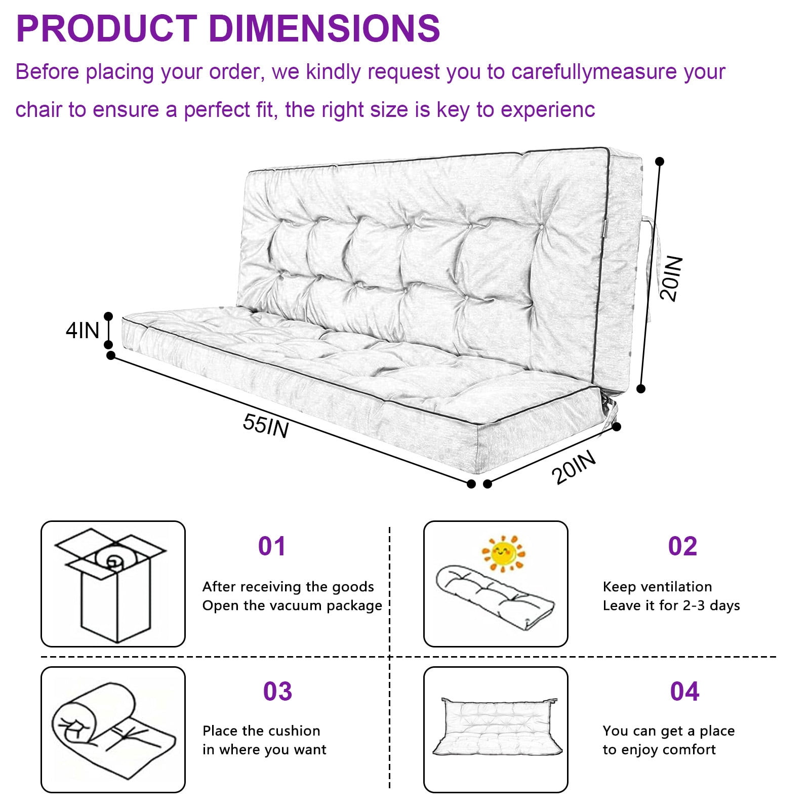 YLLN Porch Swing Cushions, Patio Furniture Cushions With 4" Thicken Backrest, Waterproof & Machine Washable, with Ties, Bench Cushions For Outdoor Furniture（40"x55"Black）