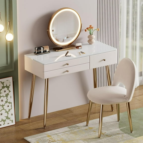 Vanity Desk with Mirror and Lights| 39" Beige Modern Makeup Vanity Set with Drawers & Adjustable Chair| White and Gold Dressing Table for Small Spaces & Bedroom