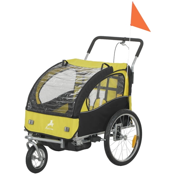 Aosom 2-in-1 Foldable Yellow Bike Trailer & Stroller with 5-Point Harness, Steel Frame, Large Rubber Wheels - For Outdoor Adventures, 61" L x 33.1" W