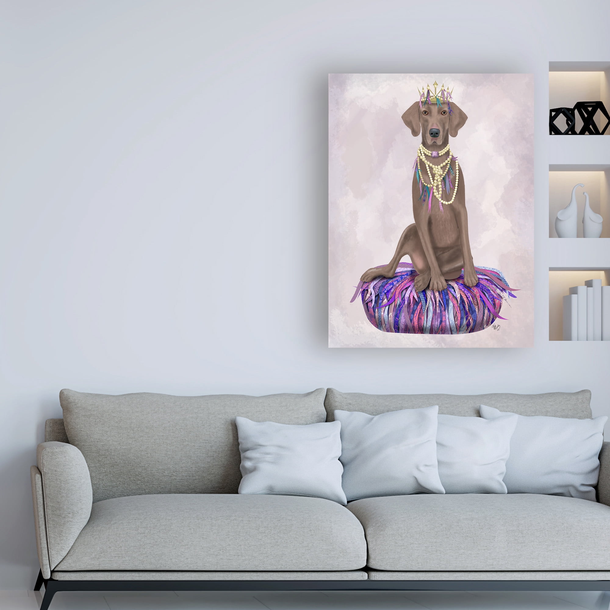 Trademark Fine Art 'Weimaraner on Purple Cushion' Canvas Art by Fab Funky