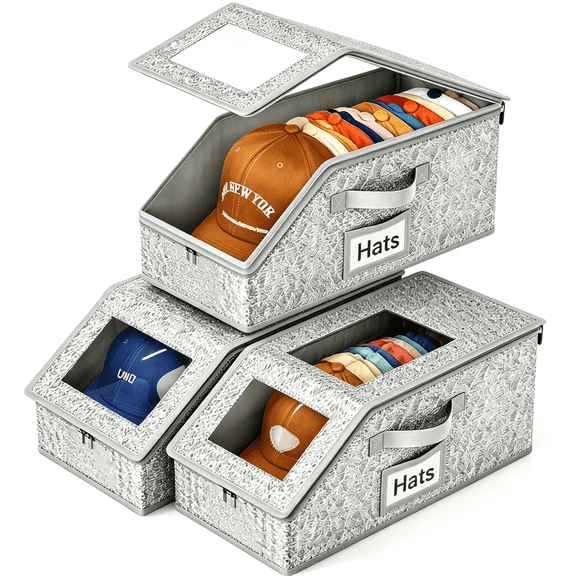 3 Pack Stackable Grey Baseball Cap Organizer, Foldable Breathable Fabric Hat Storage Box with Clear Flip-Top Window Lid, Cardboard Frame Holds Up to 45 Caps,