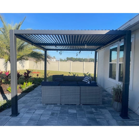 PURPLE LEAF 10 X 12 Louvered Pergola Aluminum Outdoor Adjustable Louvered Roof Integrated Drainage System Patio Kitchen Poolside Garden Grey