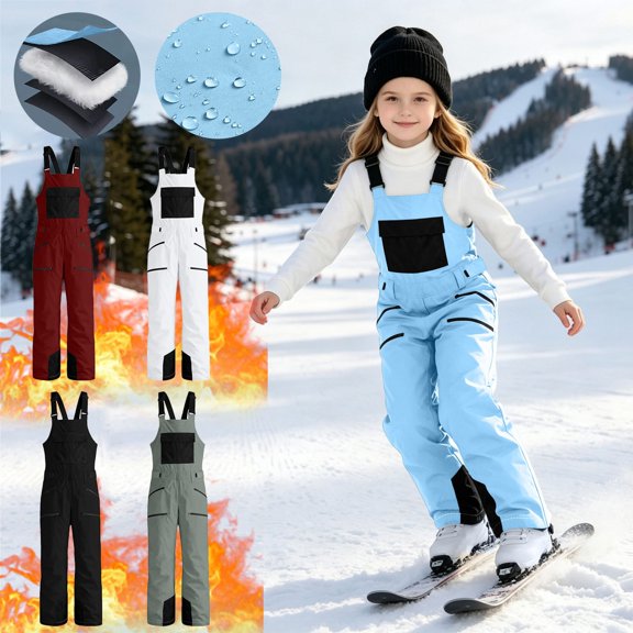 WAVSUF Girls Boys Snow Ski Overalls Insulated Puffer Down Multi Pockets Ripstop Snowboarding Winter Pants Blue 7-8