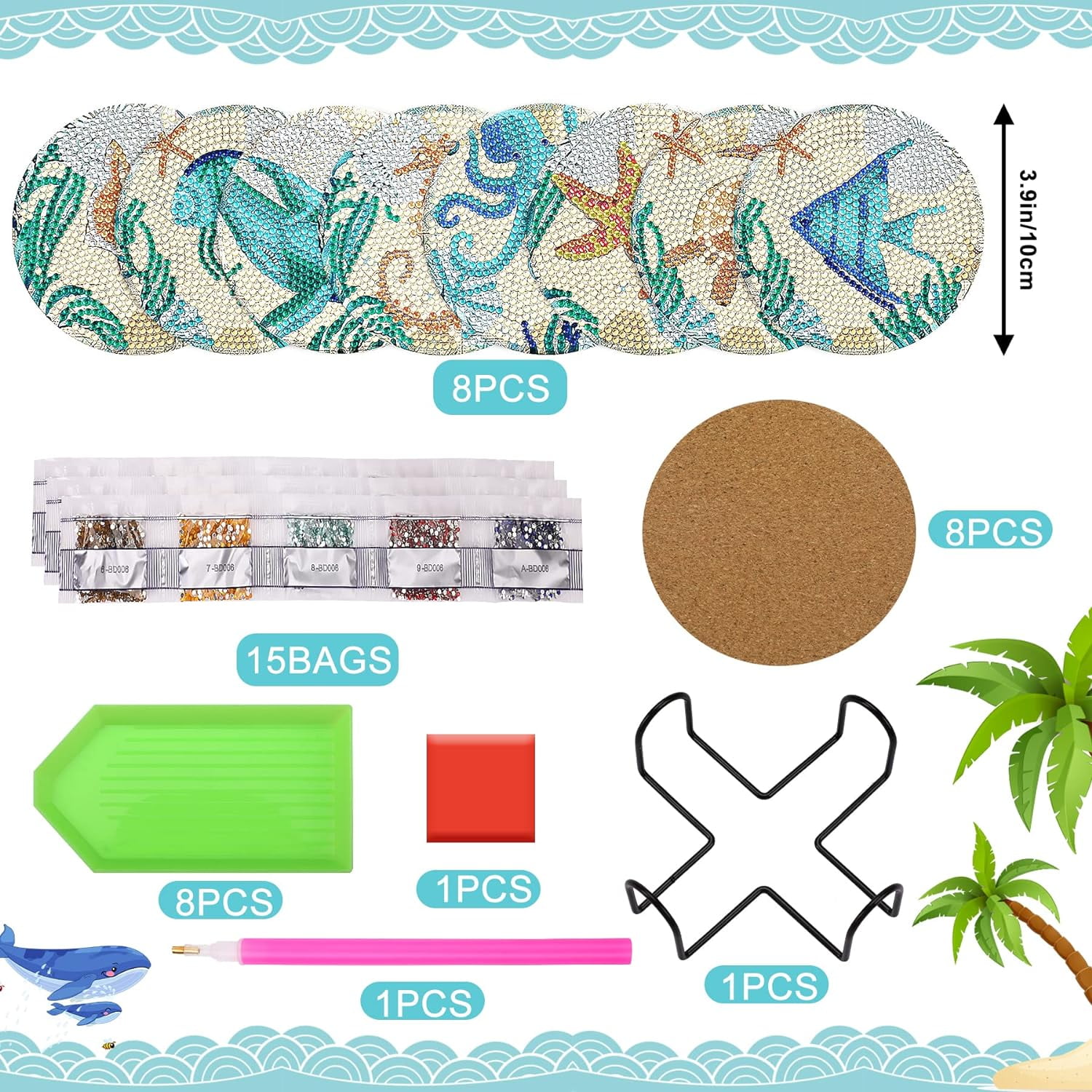 Goyunwell 8Pcs Ocean Diamond Art Painting Coasters Kits with Holder Diamond Art Non Slip Coaster Kits DIY with Holder Crafts for Adults Diamond Art Painting Kits Supplies for Christmas Gift