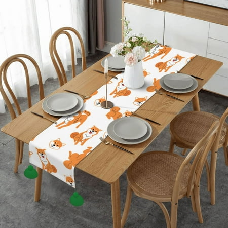 

Shiba Inu Dog Posesdog Dog Type Table Runner Imitation Linen Table Runner With Green Tassels For Party And Dining Room 14 x 60