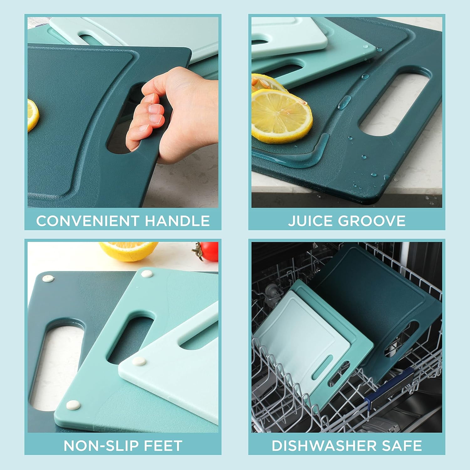 COOK WITH COLOR 3-Piece Cutting Board Set, Non-slip Chopping Board Kitchen Utensils Set Home Essentials, Teal